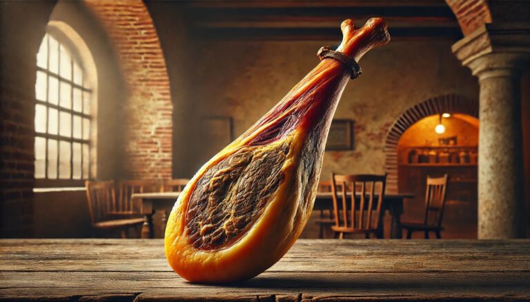 DALL·E-2025-02-17-19.42.08-A-highly-realistic-image-of-a-whole-Jamon-Iberico-in-the-shape-of-a-pigs-leg.-The-focus-should-be-on-the-leg-with-the-characteristic-shape-of-the-cur